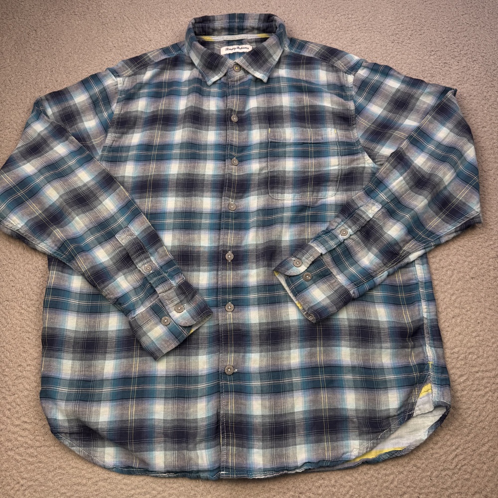 Tommy Bahama Shirt Mens Large Blue Gray Plaid Button Up 100% Cotton Casual
